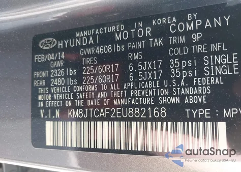 2014 Hyundai Tucson Gls из США, поврежденный, VIN KM8JTCAF2EU882168